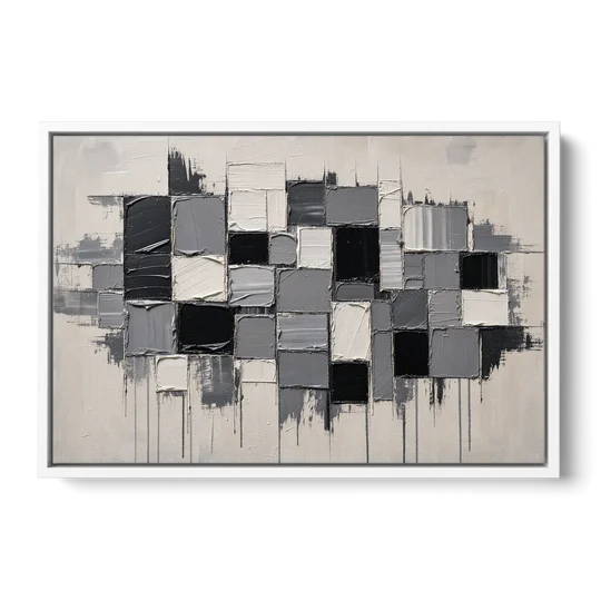 Dripping Grid of Black and Grey Squares - White Framed Canvas Wall Art - Front