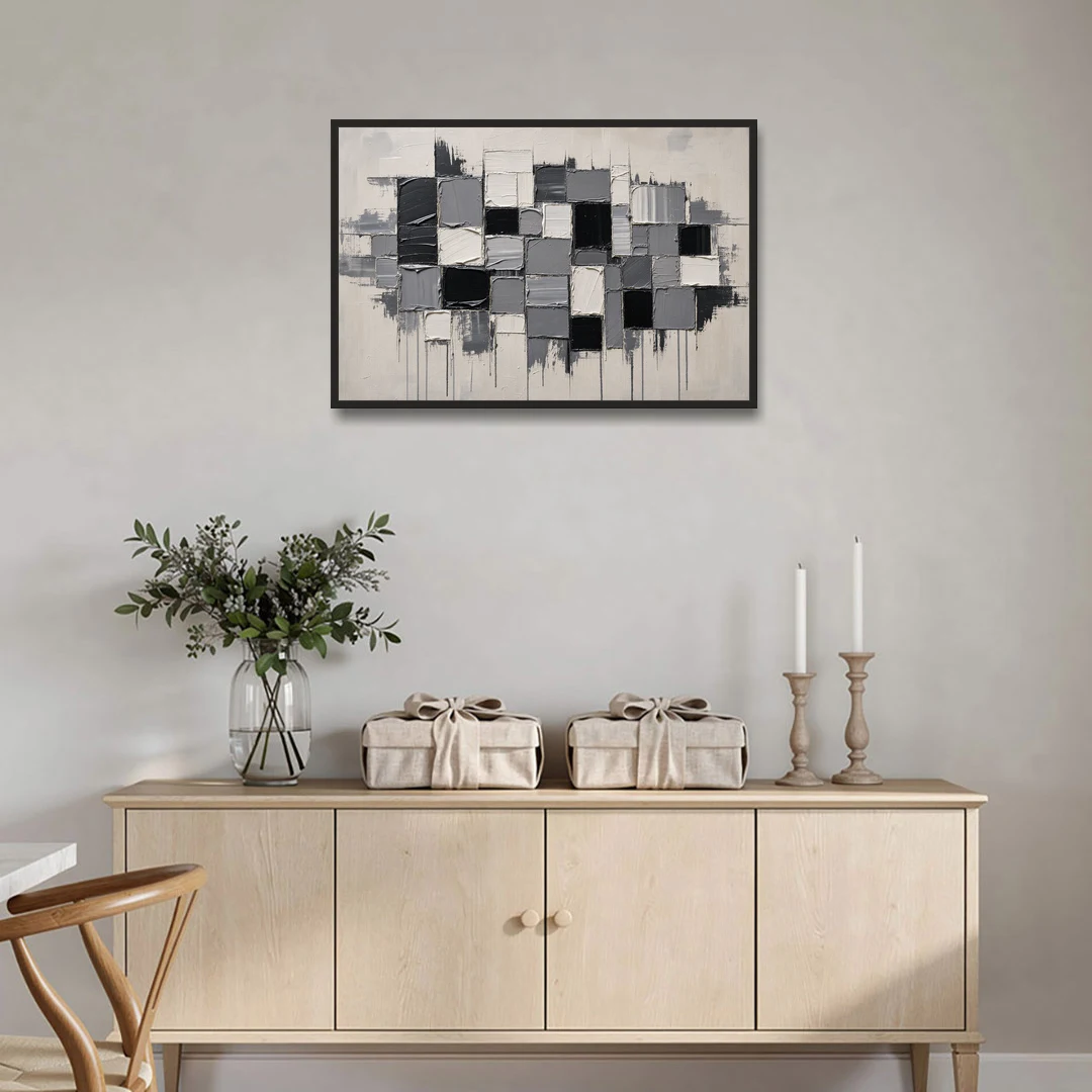 Dripping Grid of Black and Grey Squares - Black Framed Canvas Wall Art - Coffee Table - 36x24