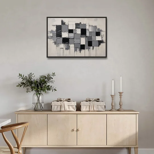 Dripping Grid of Black and Grey Squares - Black Framed Canvas Wall Art - Coffee Table - 36x24