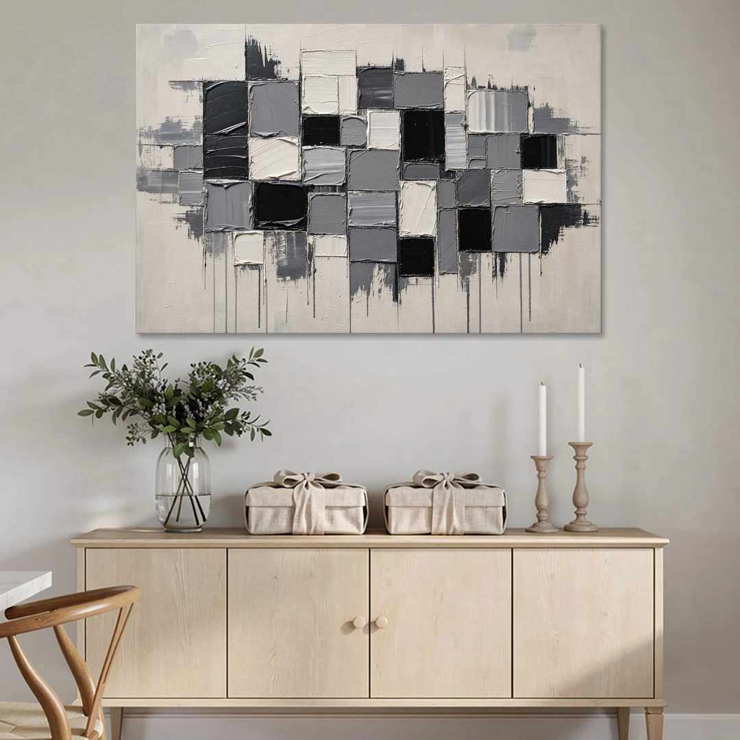 Dripping Grid of Black and Grey Squares - Canvas Wall Art - Coffee Table - 60x40