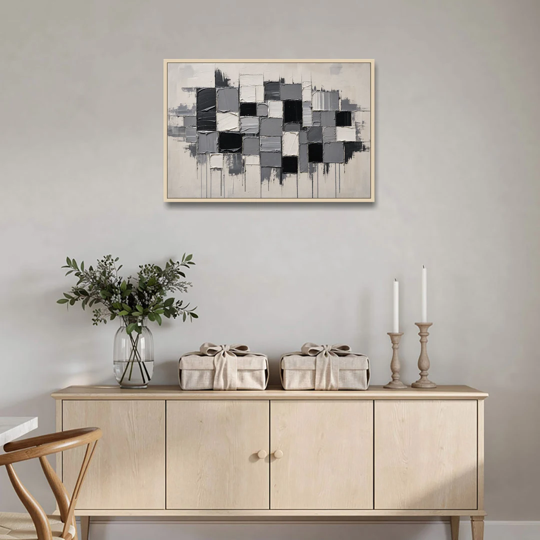 Dripping Grid of Black and Grey Squares - Oak Framed Canvas Wall Art - Coffee Table - 36x24
