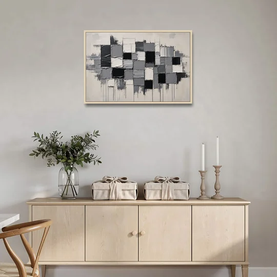Dripping Grid of Black and Grey Squares - Oak Framed Canvas Wall Art - Coffee Table - 36x24