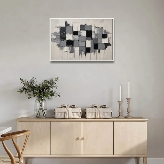 Dripping Grid of Black and Grey Squares - White Framed Canvas Wall Art - Coffee Table - 36x24