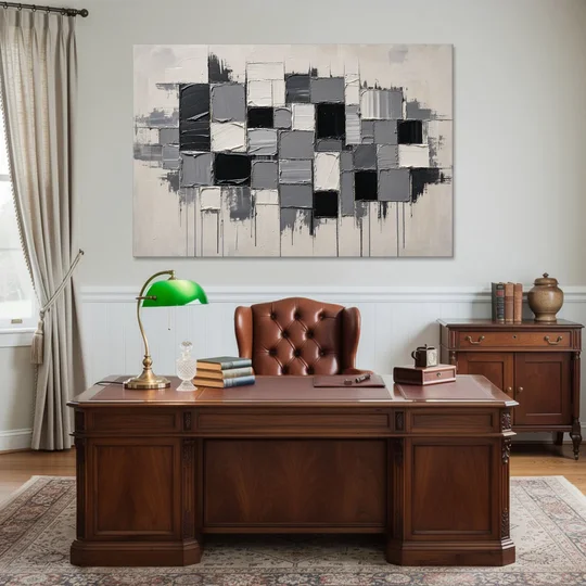 Dripping Grid of Black and Grey Squares - Canvas Wall Art - Office - 60x40