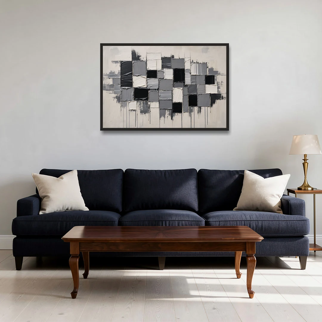 Dripping Grid of Black and Grey Squares - Black Framed Canvas Wall Art - Sofa - 36x24