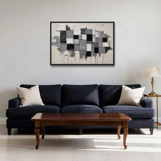 Dripping Grid of Black and Grey Squares - Black Framed Canvas Wall Art - Sofa - 36x24