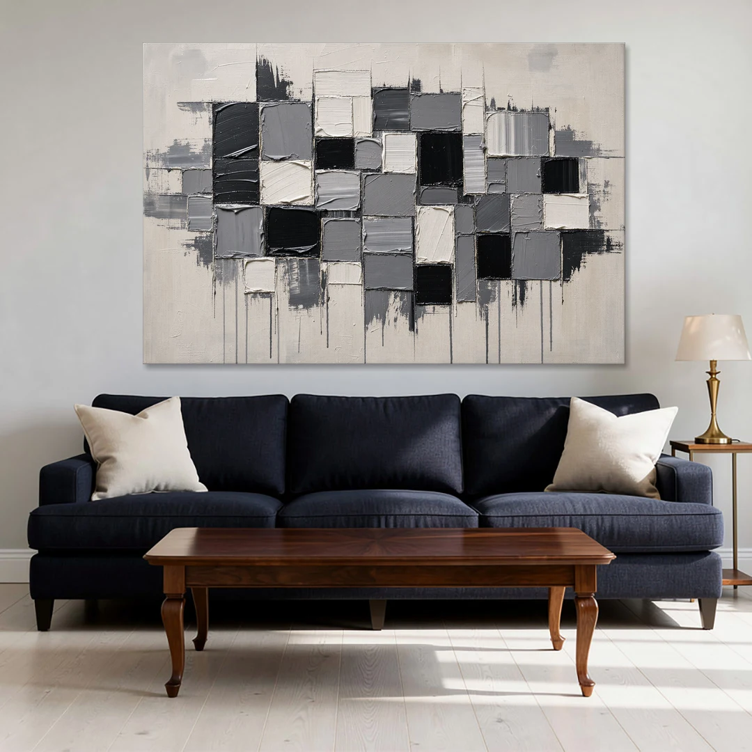 Dripping Grid of Black and Grey Squares - Canvas Wall Art - Sofa - 60x40