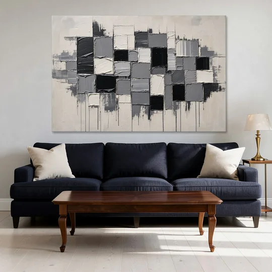 Dripping Grid of Black and Grey Squares - Canvas Wall Art - Sofa - 60x40