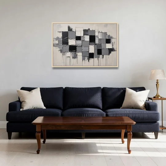 Dripping Grid of Black and Grey Squares - Oak Framed Canvas Wall Art - Sofa - 36x24