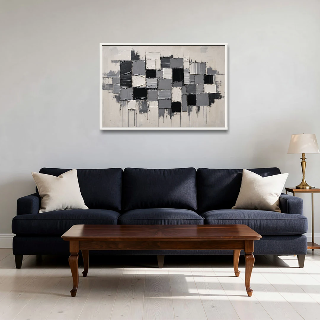 Dripping Grid of Black and Grey Squares - White Framed Canvas Wall Art - Sofa - 36x24