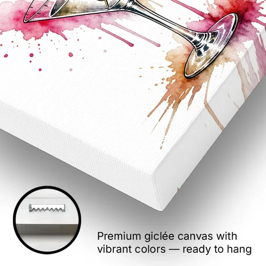Dry Martini Glass with Olive in Pink Watercolor Splash - Canvas Wall Art - Gallery Wrap Corner