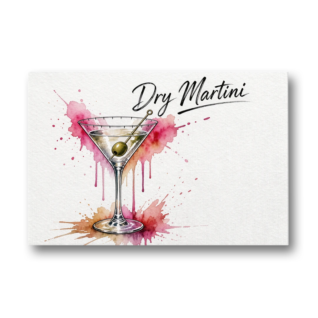 Dry Martini Glass with Olive in Pink Watercolor Splash - Canvas Wall Art - Front
