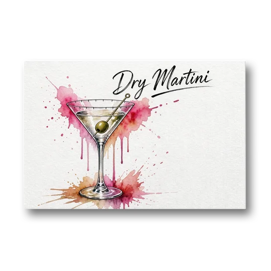 Dry Martini Glass with Olive in Pink Watercolor Splash - Canvas Wall Art - Front