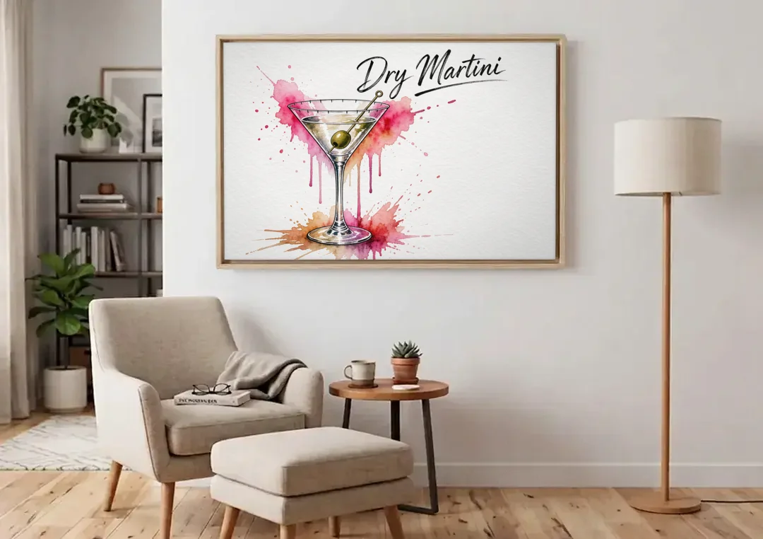 Dry Martini Glass with Olive in Pink Watercolor Splash canvas wall art above an armchair in a bright living room