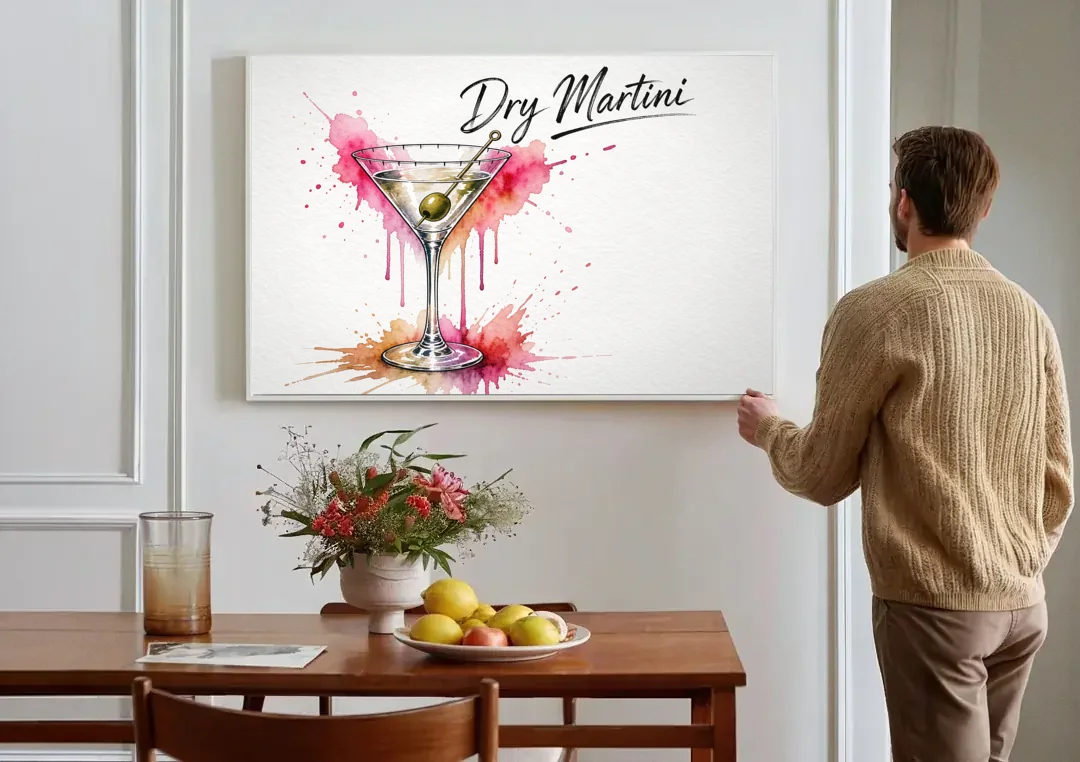 Dry Martini Glass with Olive in Pink Watercolor Splash canvas wall art above a dining table