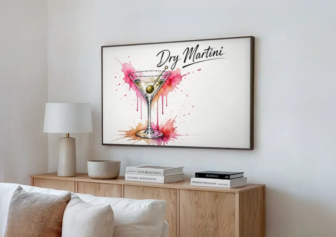 Dry Martini Glass with Olive in Pink Watercolor Splash canvas wall art above a wooden sideboard next to a sofa