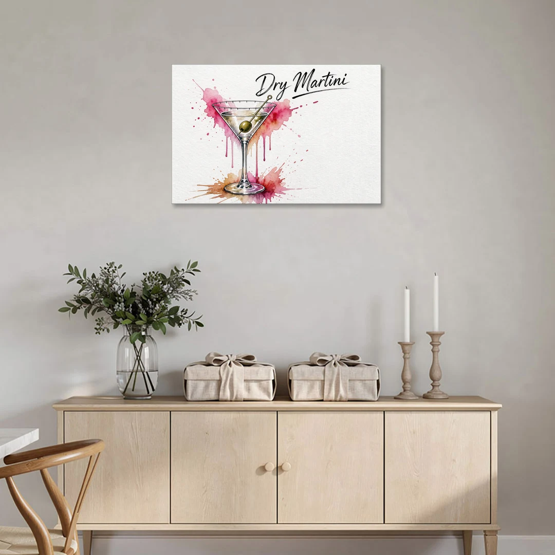 Dry Martini Glass with Olive in Pink Watercolor Splash - Canvas Wall Art - Coffee Table - 36x24