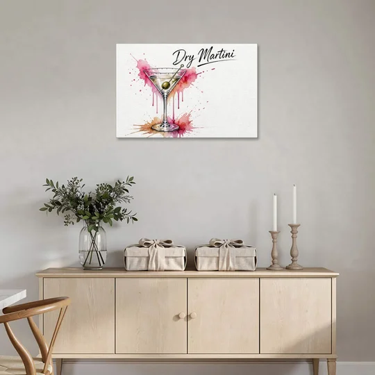 Dry Martini Glass with Olive in Pink Watercolor Splash - Canvas Wall Art - Coffee Table - 36x24