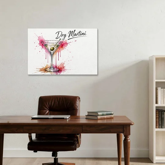 Dry Martini Glass with Olive in Pink Watercolor Splash - Canvas Wall Art - Office - 36x24