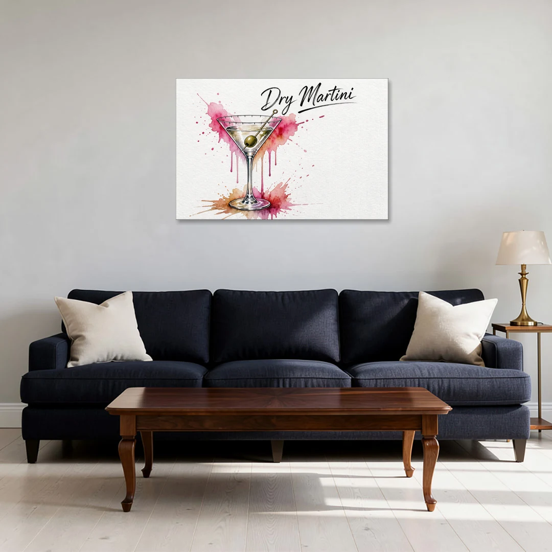 Dry Martini Glass with Olive in Pink Watercolor Splash - Canvas Wall Art - Sofa - 36x24