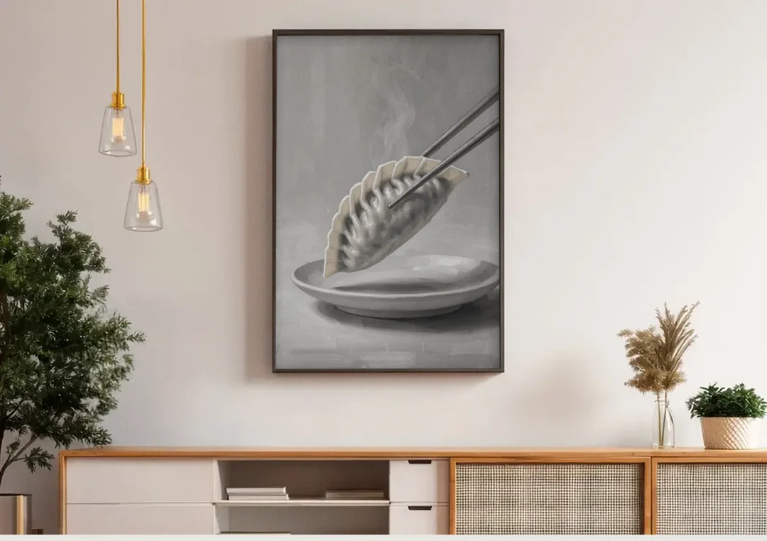Dumpling Painting with Chopsticks and Steam canvas wall art above a wooden sideboard under pendant lights
