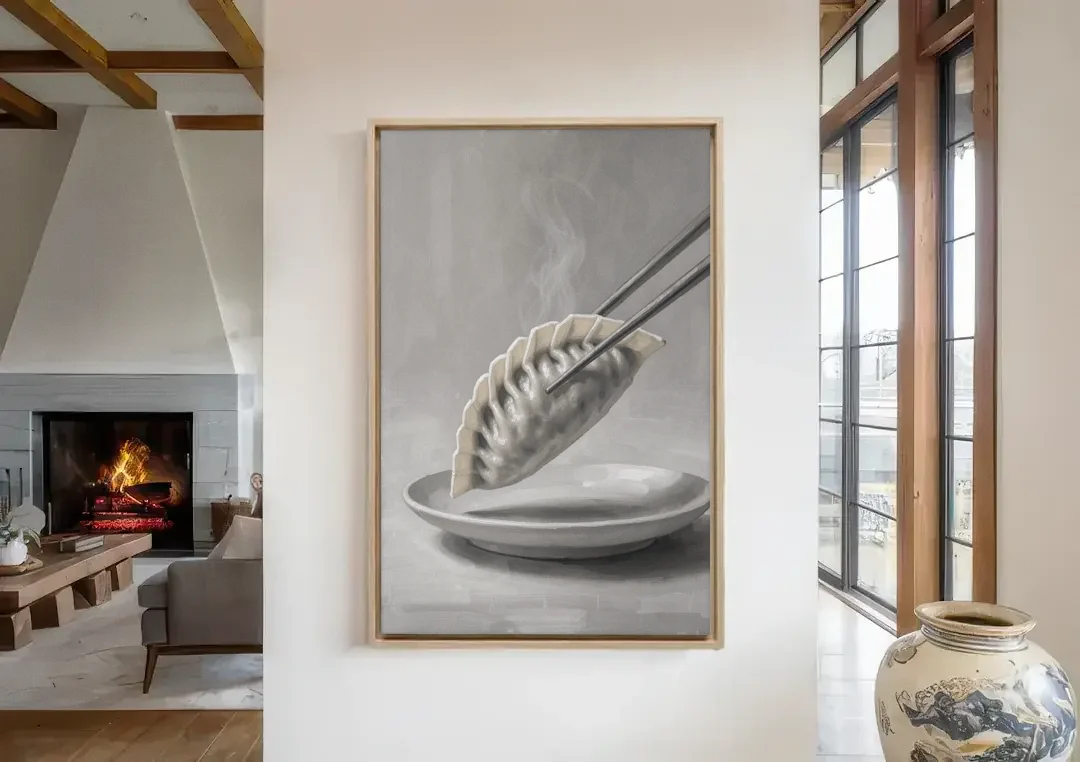 Dumpling Painting with Chopsticks and Steam canvas wall art in a living room with a fireplace