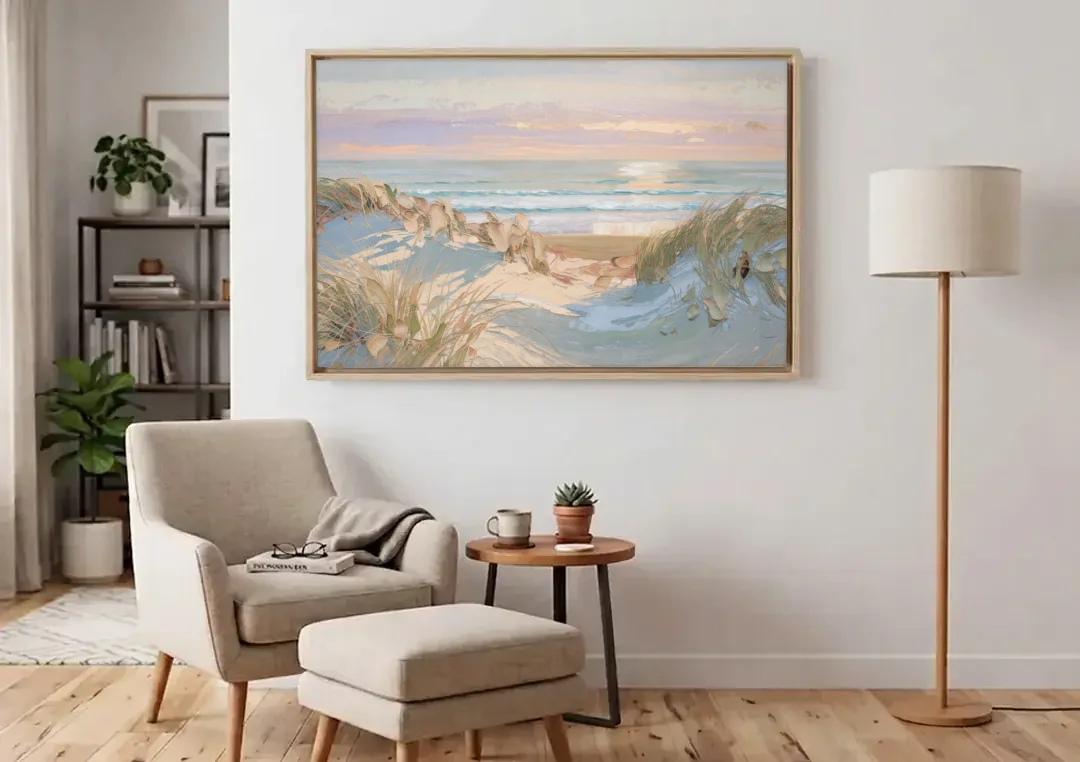 Dune Grass Path to a Pastel Sea for the Bedroom canvas wall art above an armchair in a bright living room