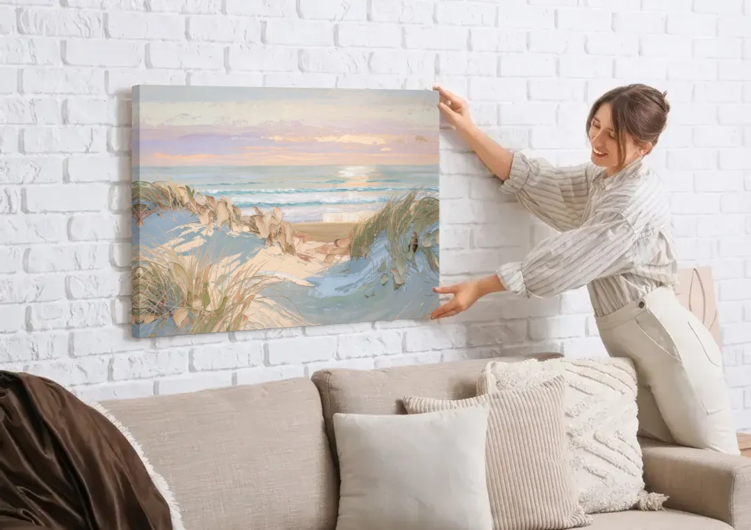 Dune Grass Path to a Pastel Sea for the Bedroom canvas wall art being hung on a white brick wall above a sofa