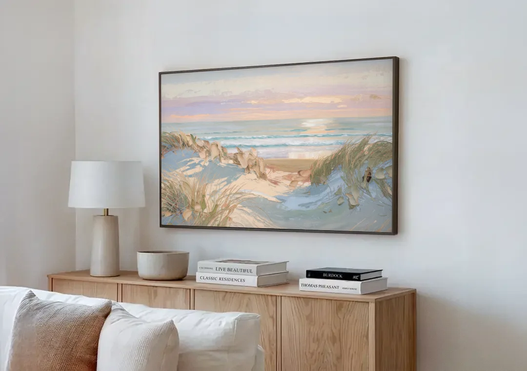 Dune Grass Path to a Pastel Sea for the Bedroom canvas wall art above a wooden sideboard next to a sofa