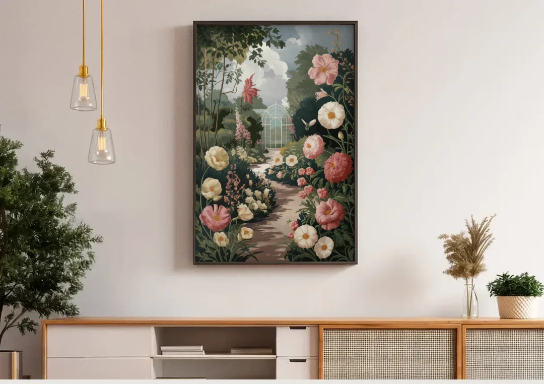Dunedin Botanical Gardens canvas wall art above a wooden sideboard under pendant lights