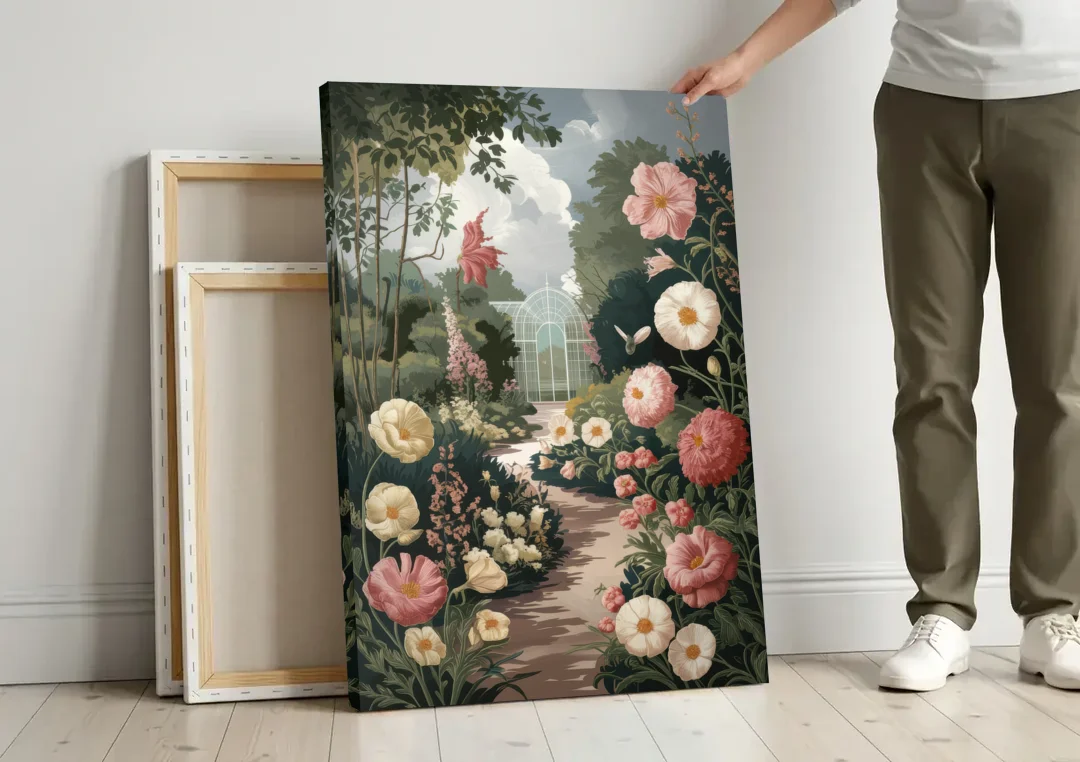 Dunedin Botanical Gardens canvas wall art leaning against a wall next to blank canvases