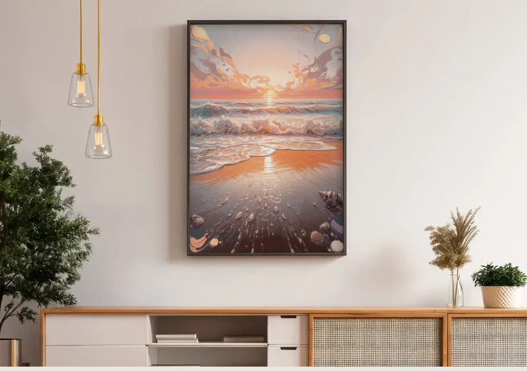Dunedin Coastal Sunrise canvas wall art above a wooden sideboard under pendant lights