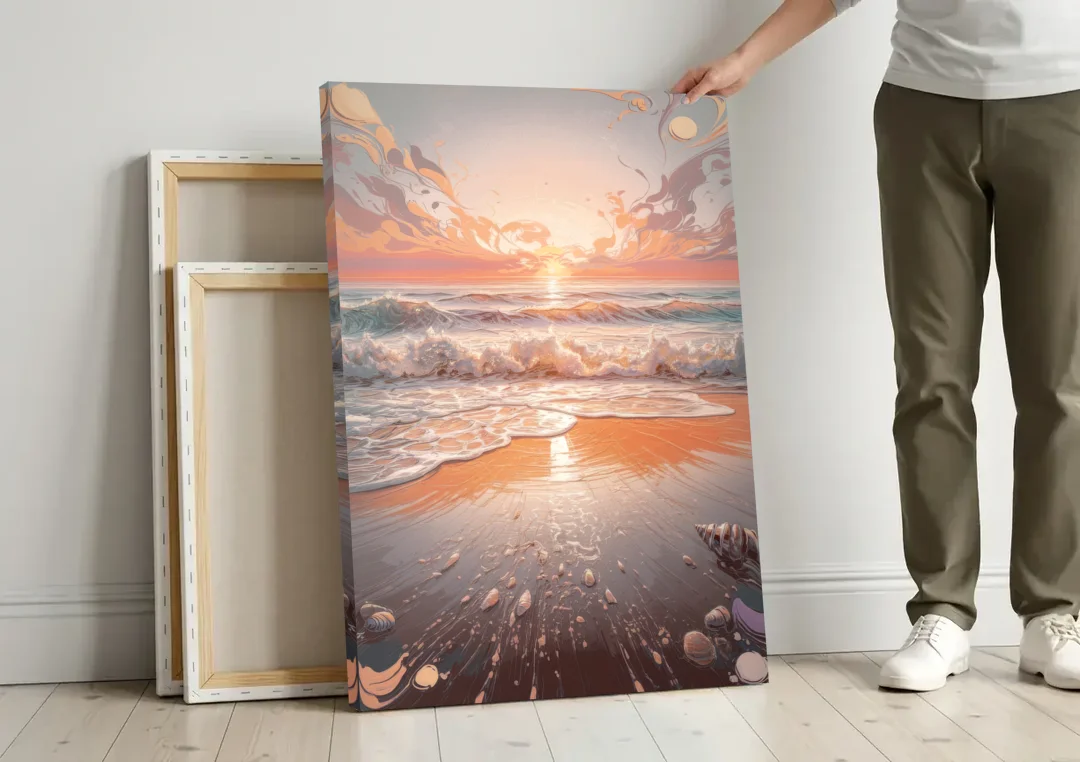 Dunedin Coastal Sunrise canvas wall art leaning against a wall next to blank canvases