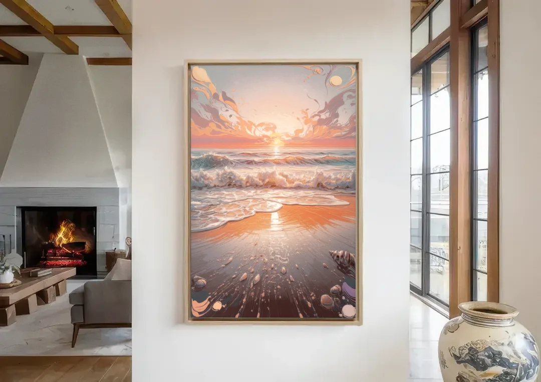 Dunedin Coastal Sunrise canvas wall art in a living room with a fireplace