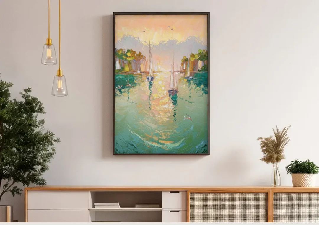 Dunedin Harbor View canvas wall art above a wooden sideboard under pendant lights