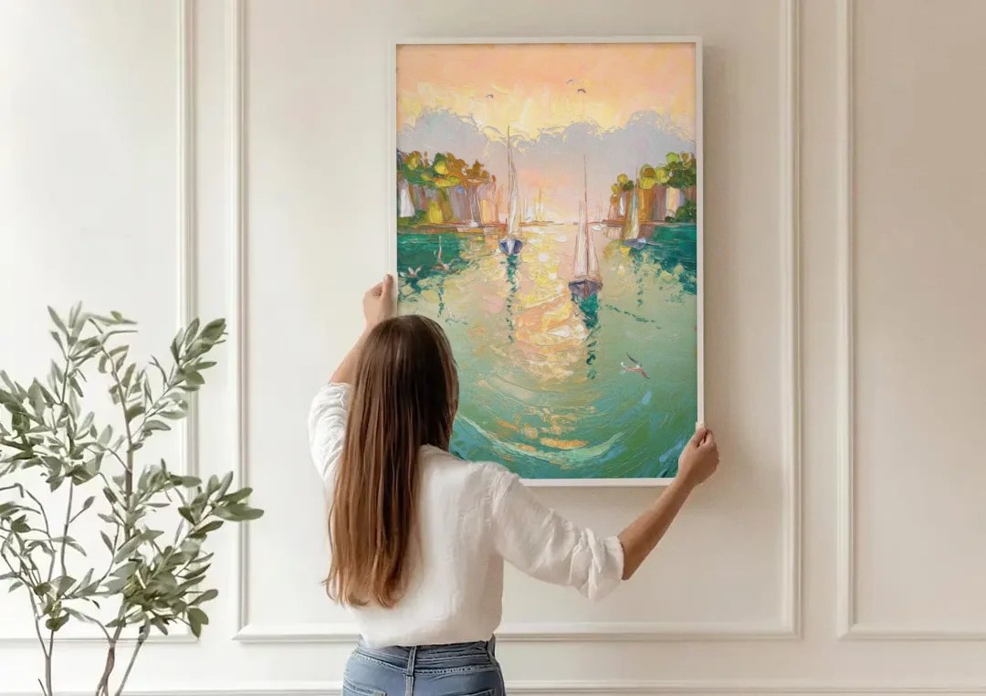 Dunedin Harbor View canvas wall art being hung on a paneled wall