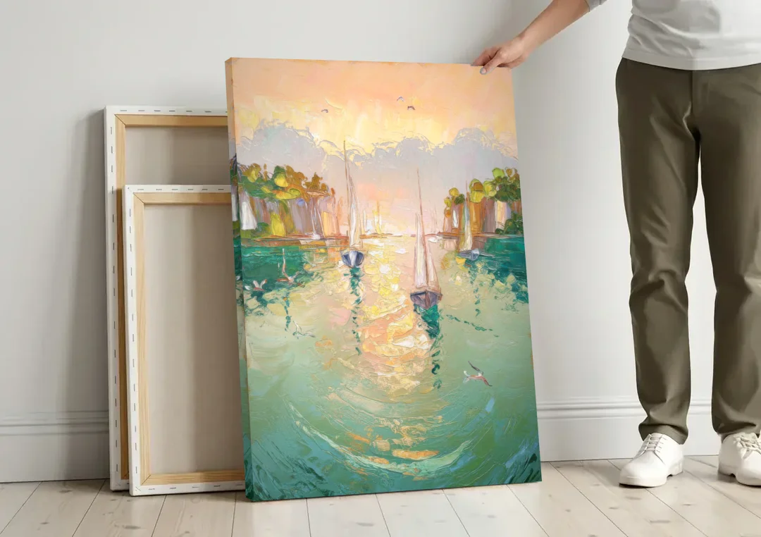 Dunedin Harbor View canvas wall art leaning against a wall next to blank canvases