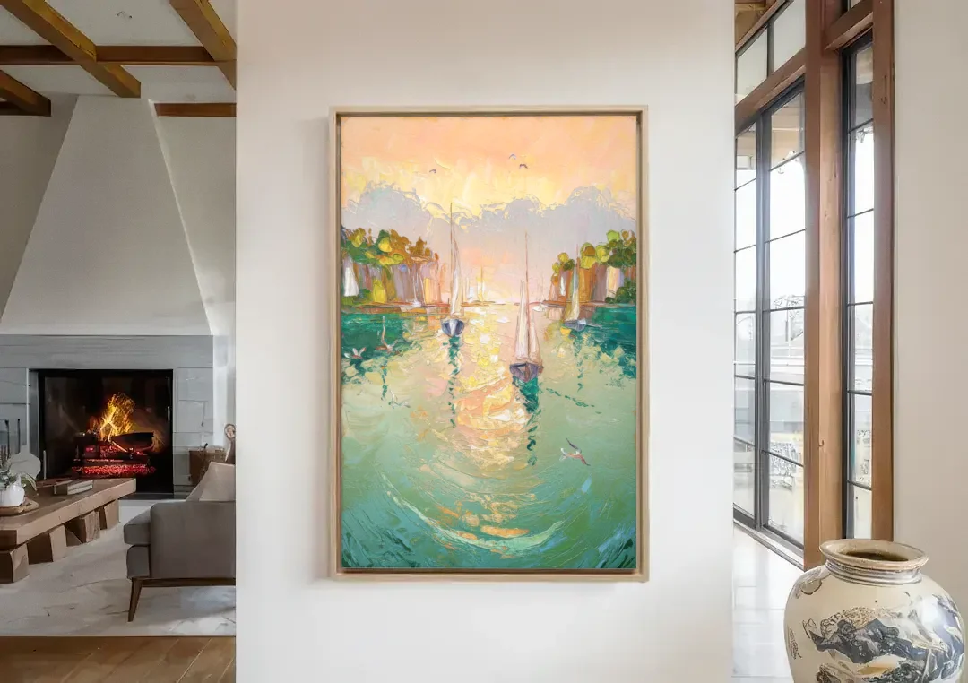 Dunedin Harbor View canvas wall art in a living room with a fireplace