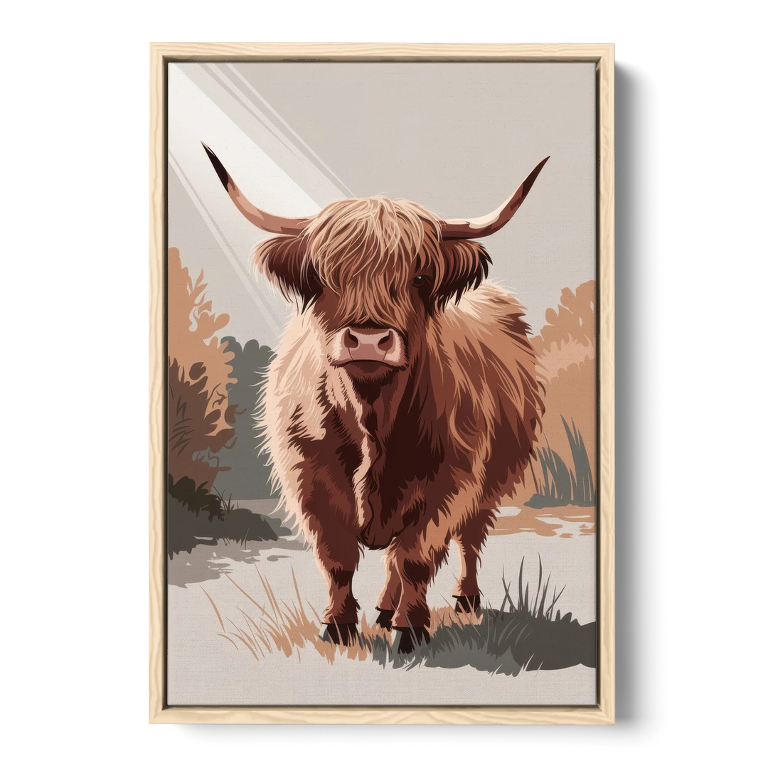 Highland Cows Charm - Oak Framed Canvas Wall Art - Front