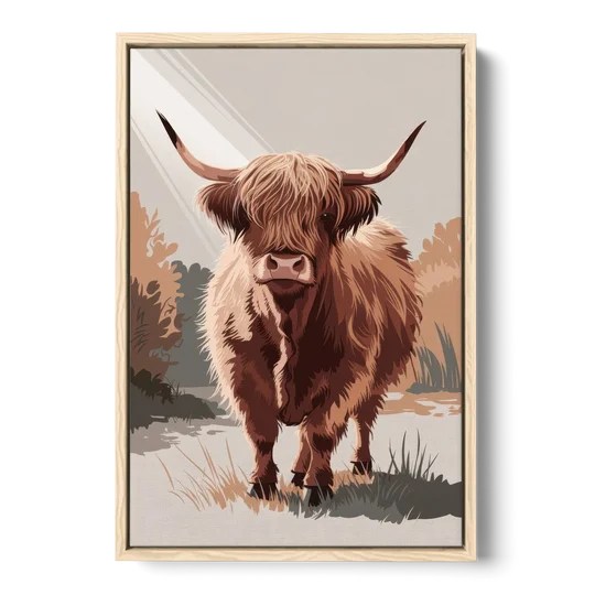 Highland Cows Charm - Oak Framed Canvas Wall Art - Front