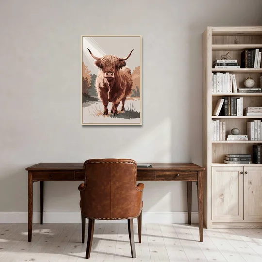 Highland Cows Charm - Oak Framed Canvas Wall Art - Office - 24x36