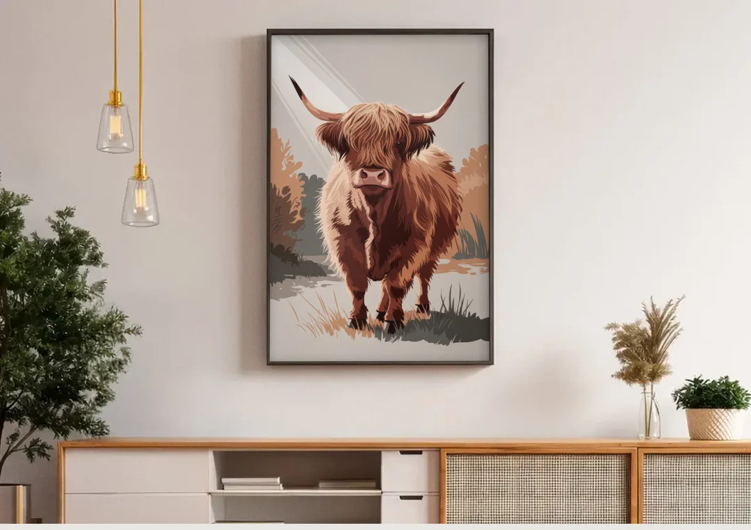 Highland Cows Charm canvas wall art above a wooden sideboard under pendant lights