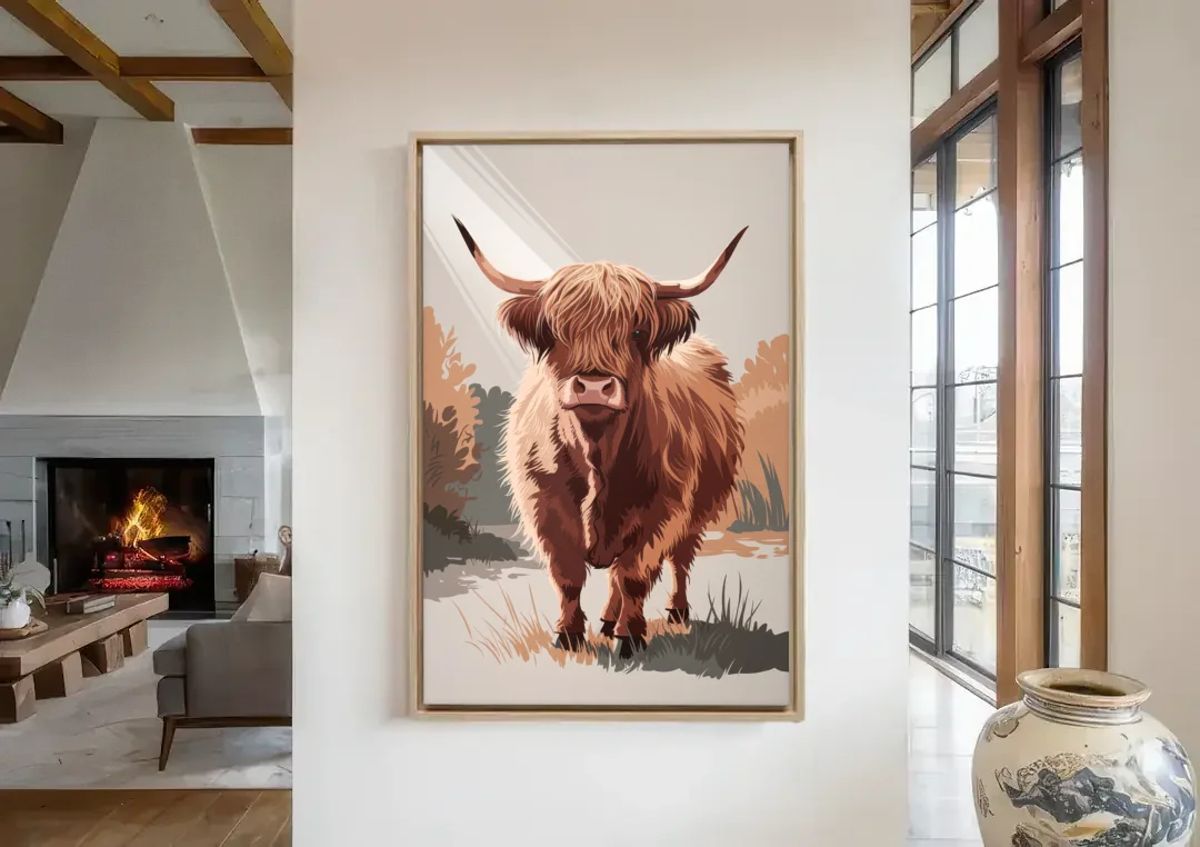 Highland Cows Charm canvas wall art in a living room with a fireplace