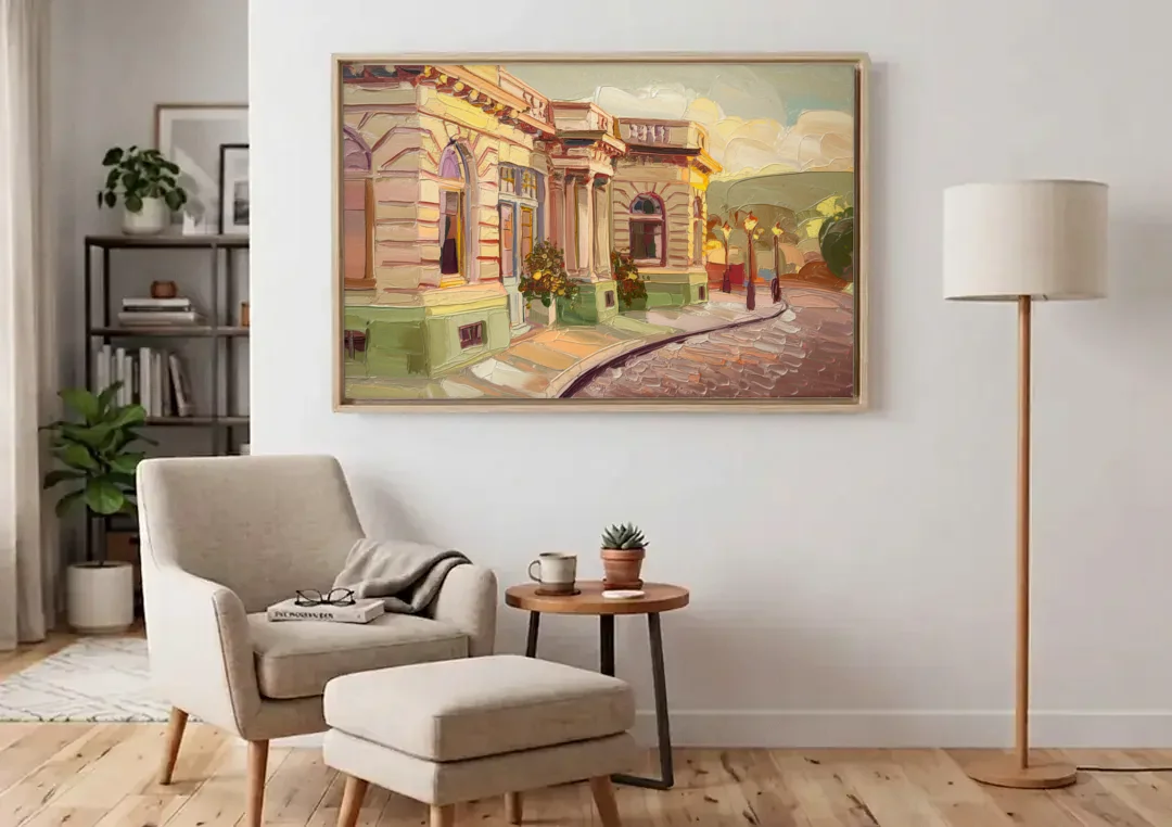 Dunedin Historic Architecture canvas wall art above an armchair in a bright living room