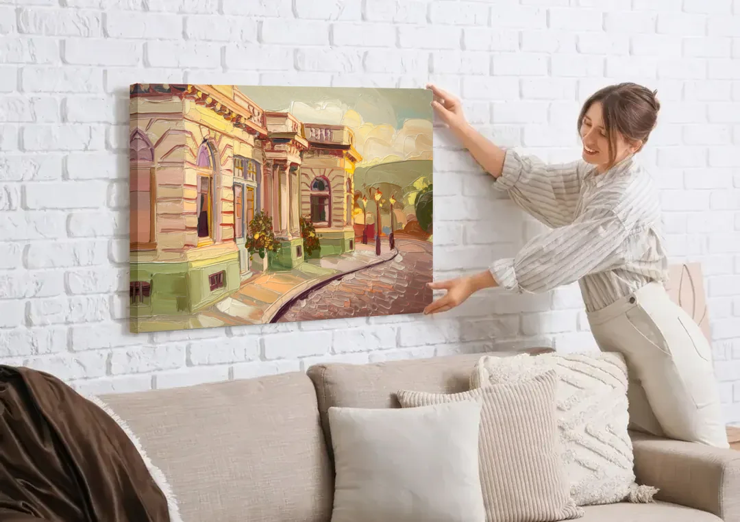 Dunedin Historic Architecture canvas wall art being hung on a white brick wall above a sofa