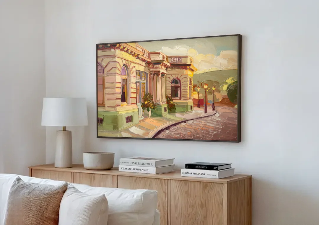 Dunedin Historic Architecture canvas wall art above a wooden sideboard next to a sofa