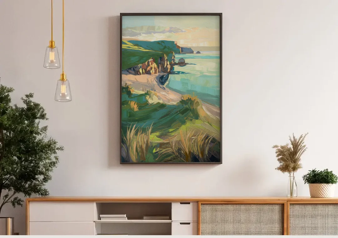Dunedin Otago Peninsula canvas wall art above a wooden sideboard under pendant lights