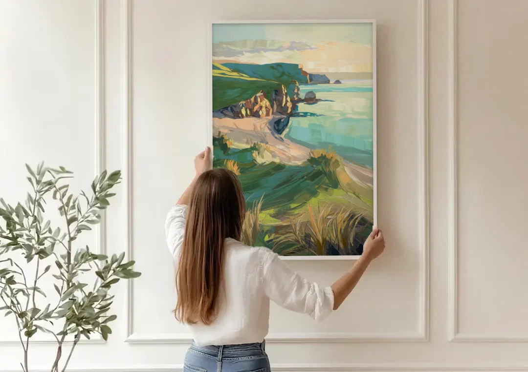 Dunedin Otago Peninsula canvas wall art being hung on a paneled wall