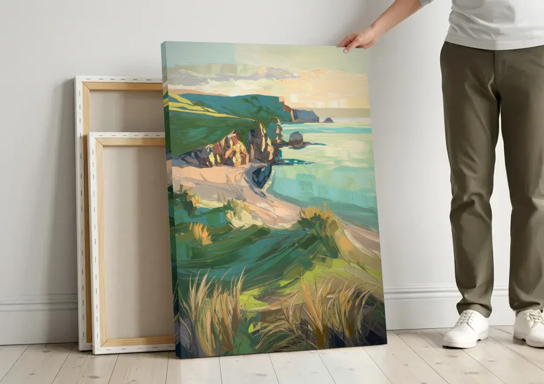 Dunedin Otago Peninsula canvas wall art leaning against a wall next to blank canvases