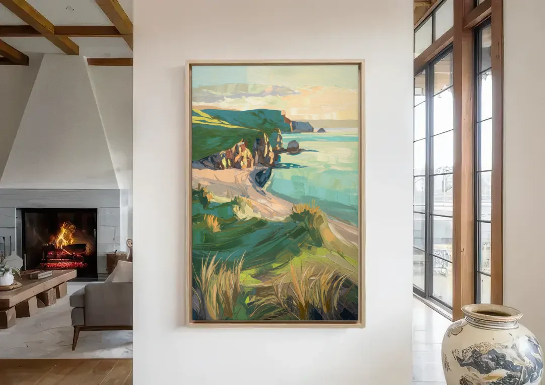 Dunedin Otago Peninsula canvas wall art in a living room with a fireplace
